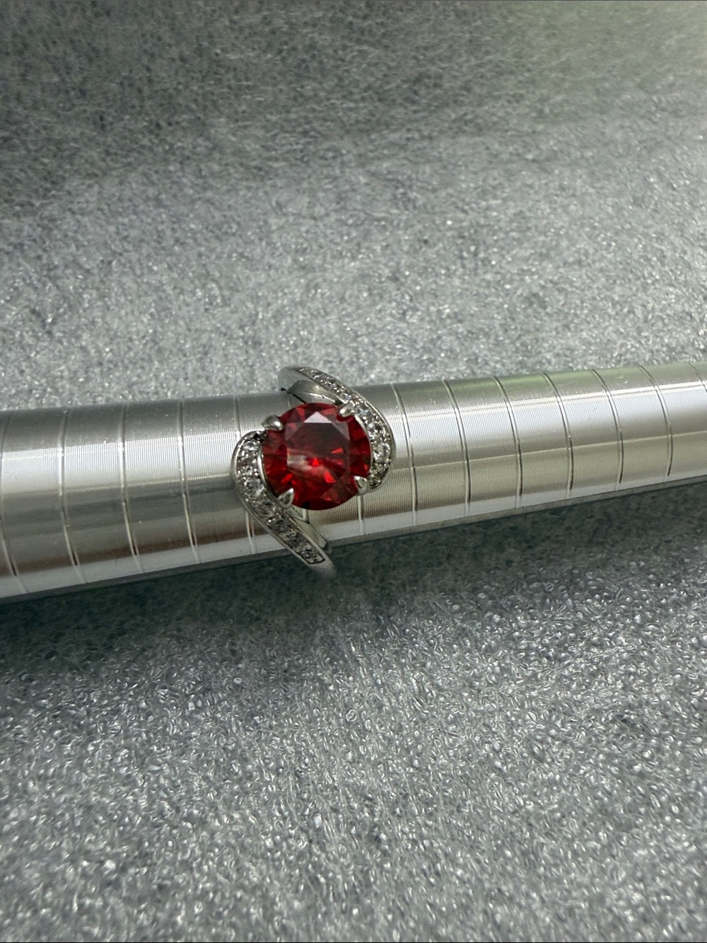 Source Unknown Silver Ring with Red Center Stone and Pavé Accents